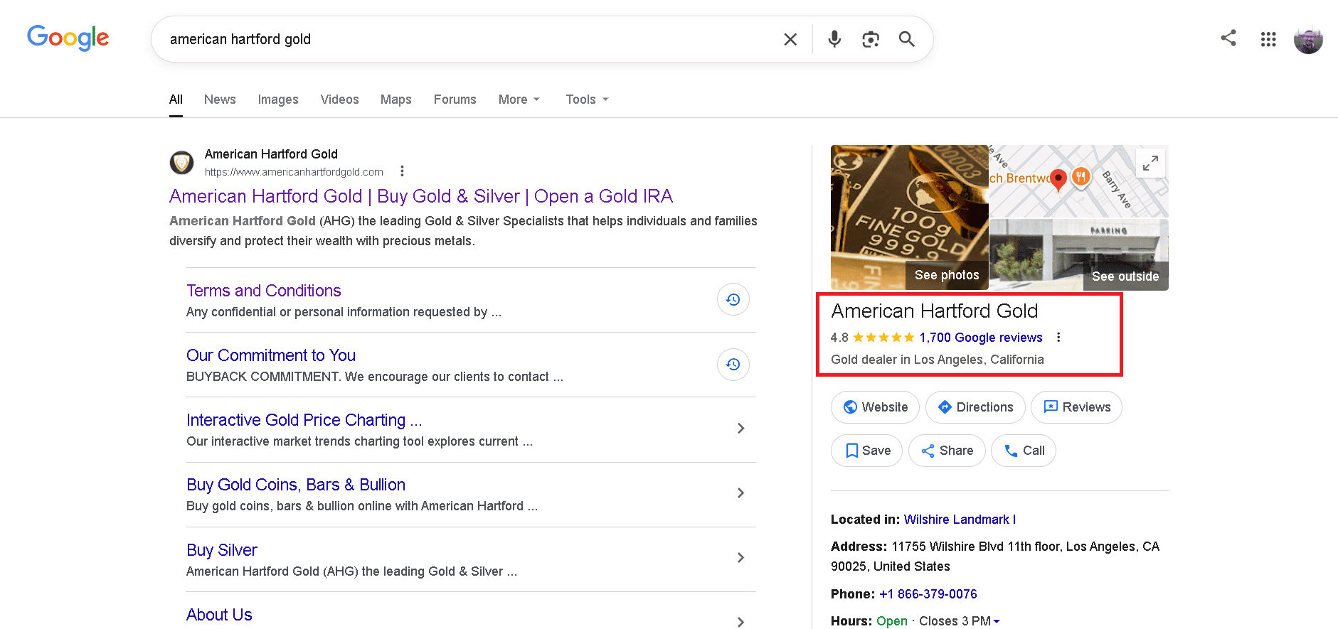 American Hartford Gold Google profile and customer reviews and ratings