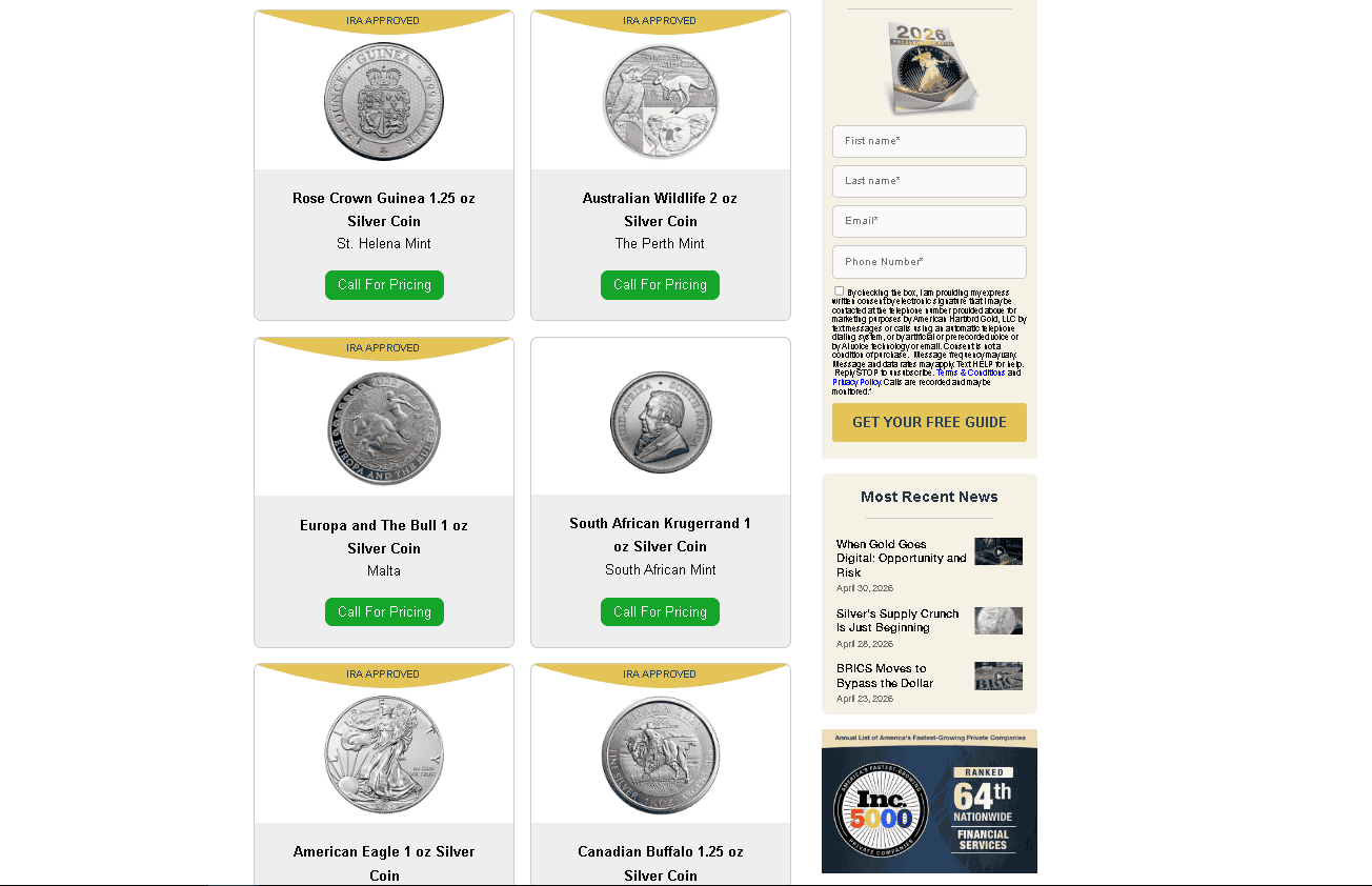 American Hartford Gold sells both regular and IRA-approved silver coins and bars.