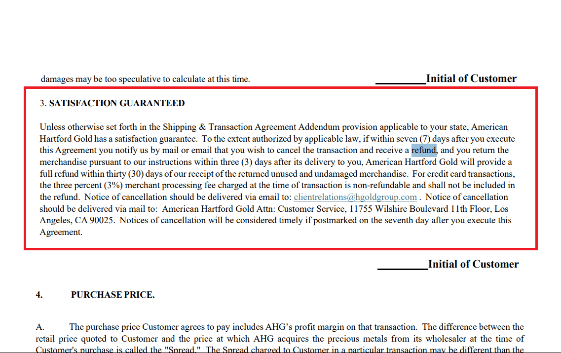 American Hartford Gold refund policy