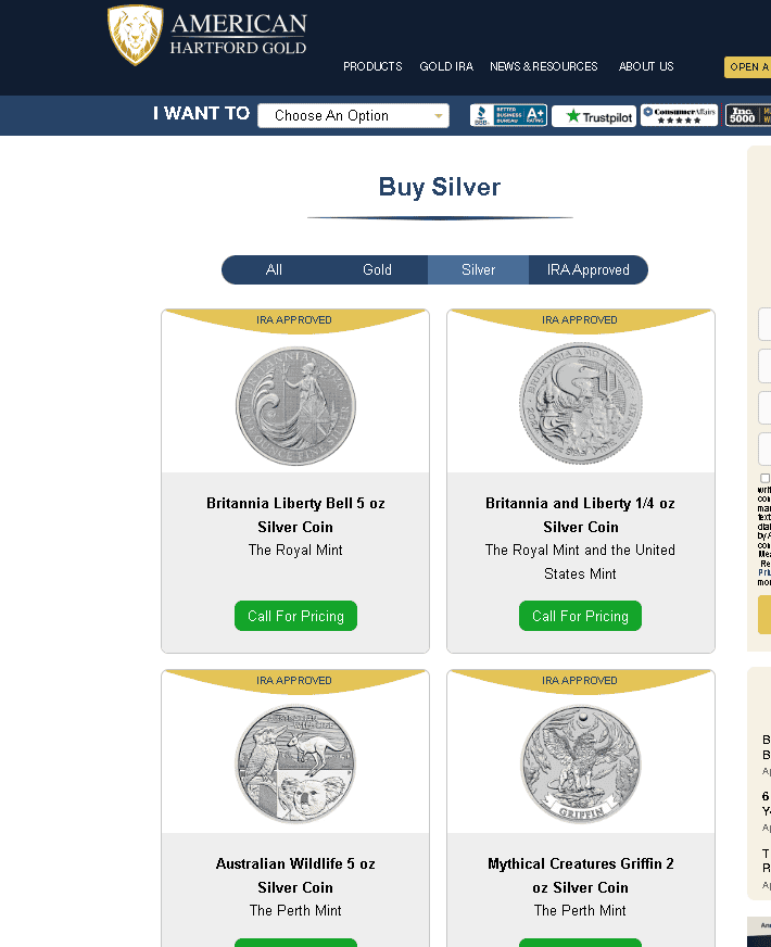 American Hartford Gold sells IRA-approved silver coins and bars.
