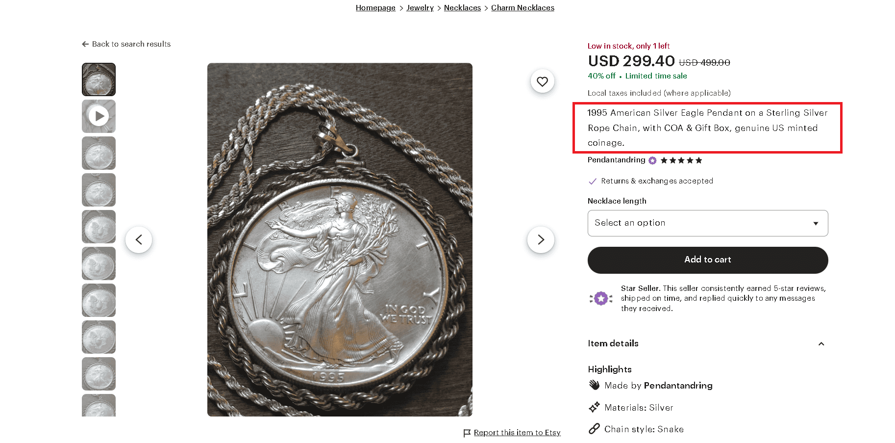 American Silver Eagle pendant 1