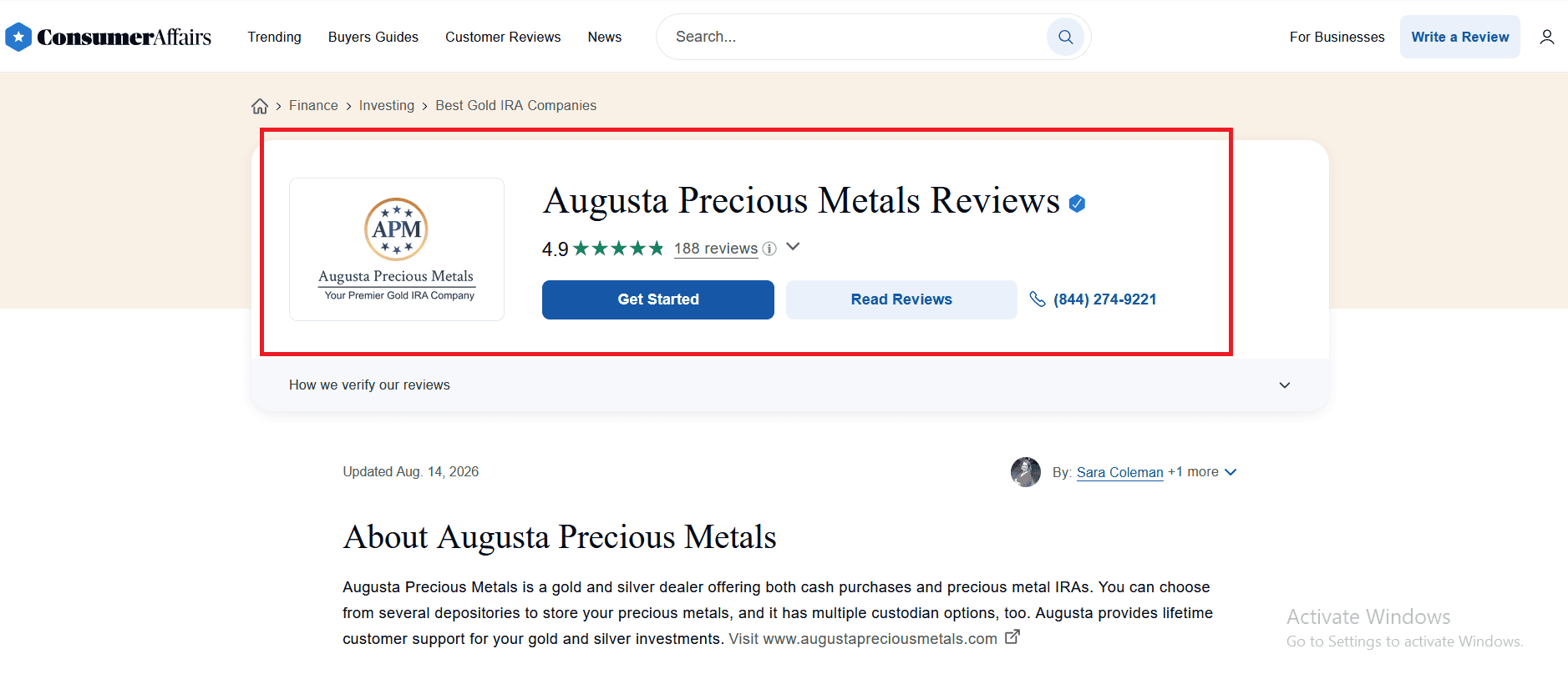 Augusta Precious Metals' ConsumerAffairs Score.