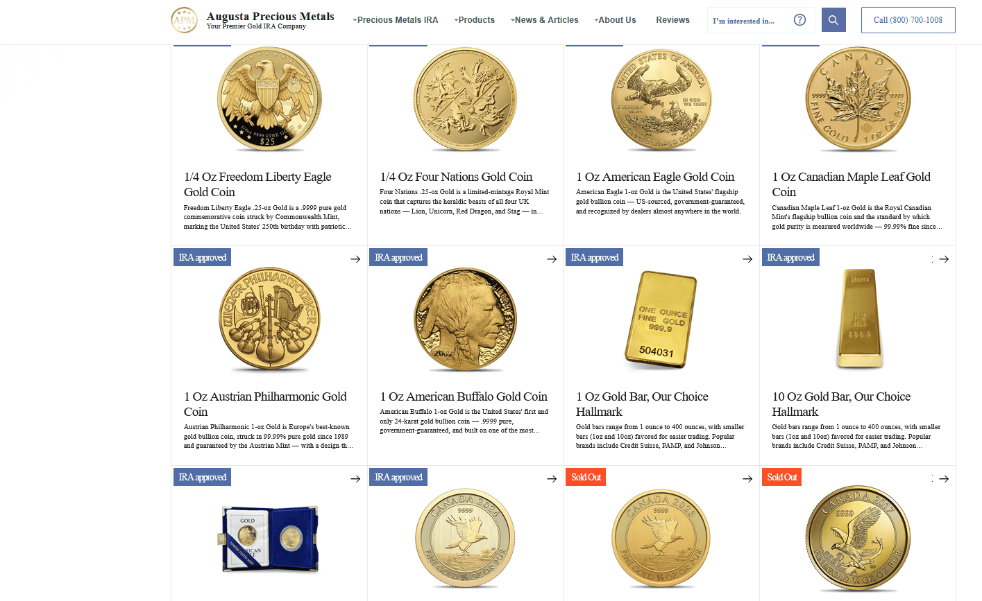 Augusta Precious Metals sells IRA-approved gold coins and bars.