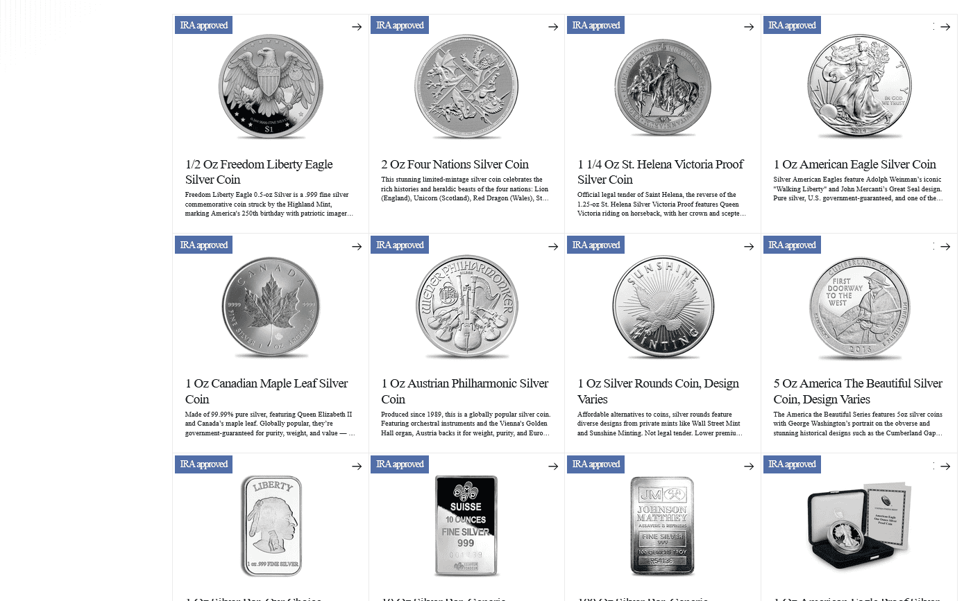 Augusta Precious Metals sells IRA-approved silver coins and bars.