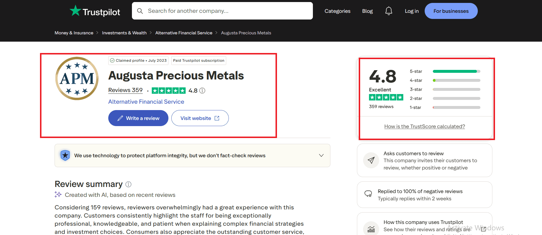 Augusta Precious Metals' TrustPilot Score.