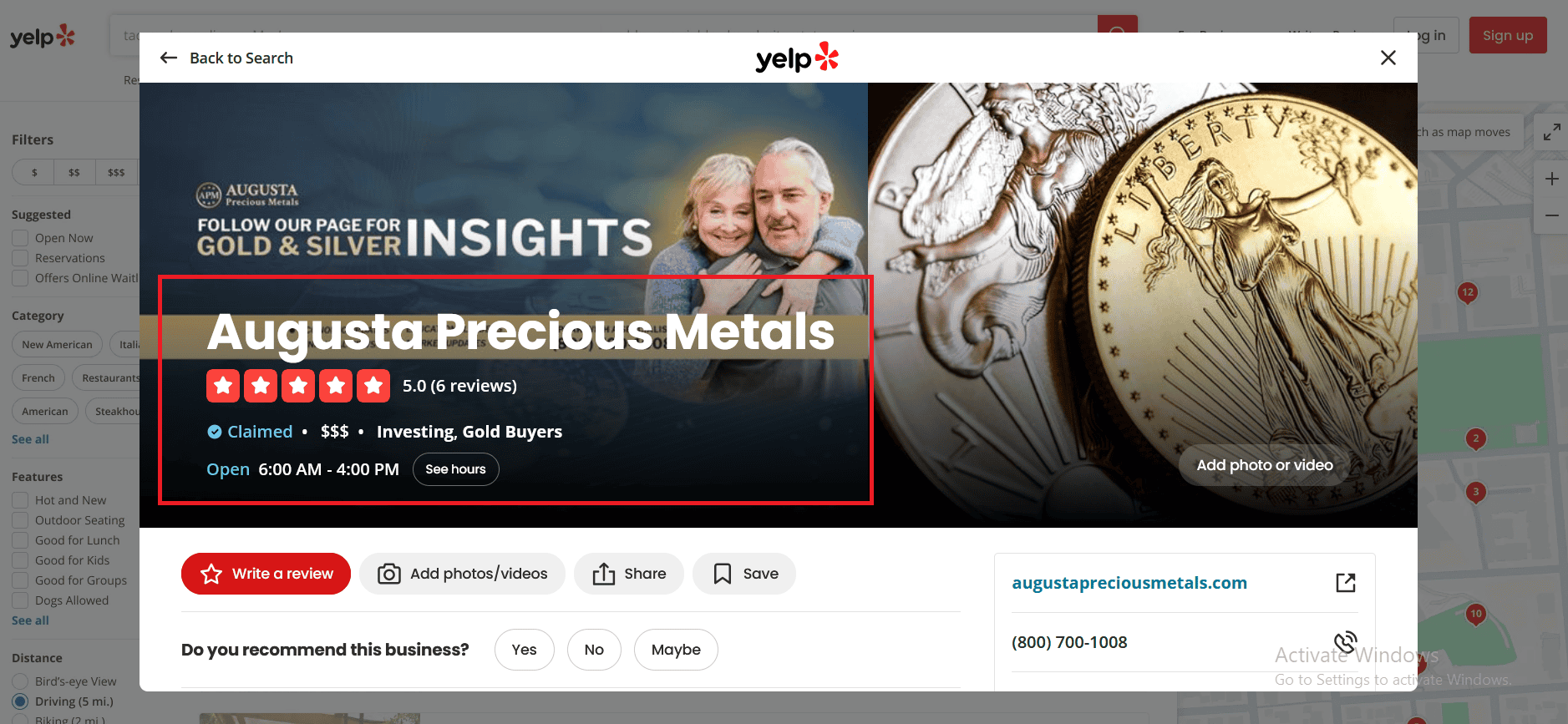 Augusta Precious Metals' Yelp Score.