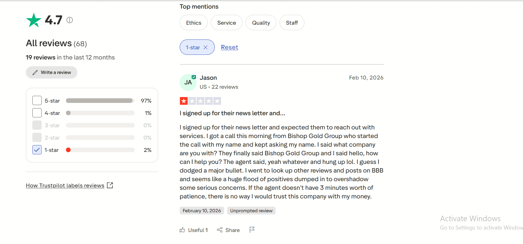 Bishop Gold Group customer complaint about poor customer support.