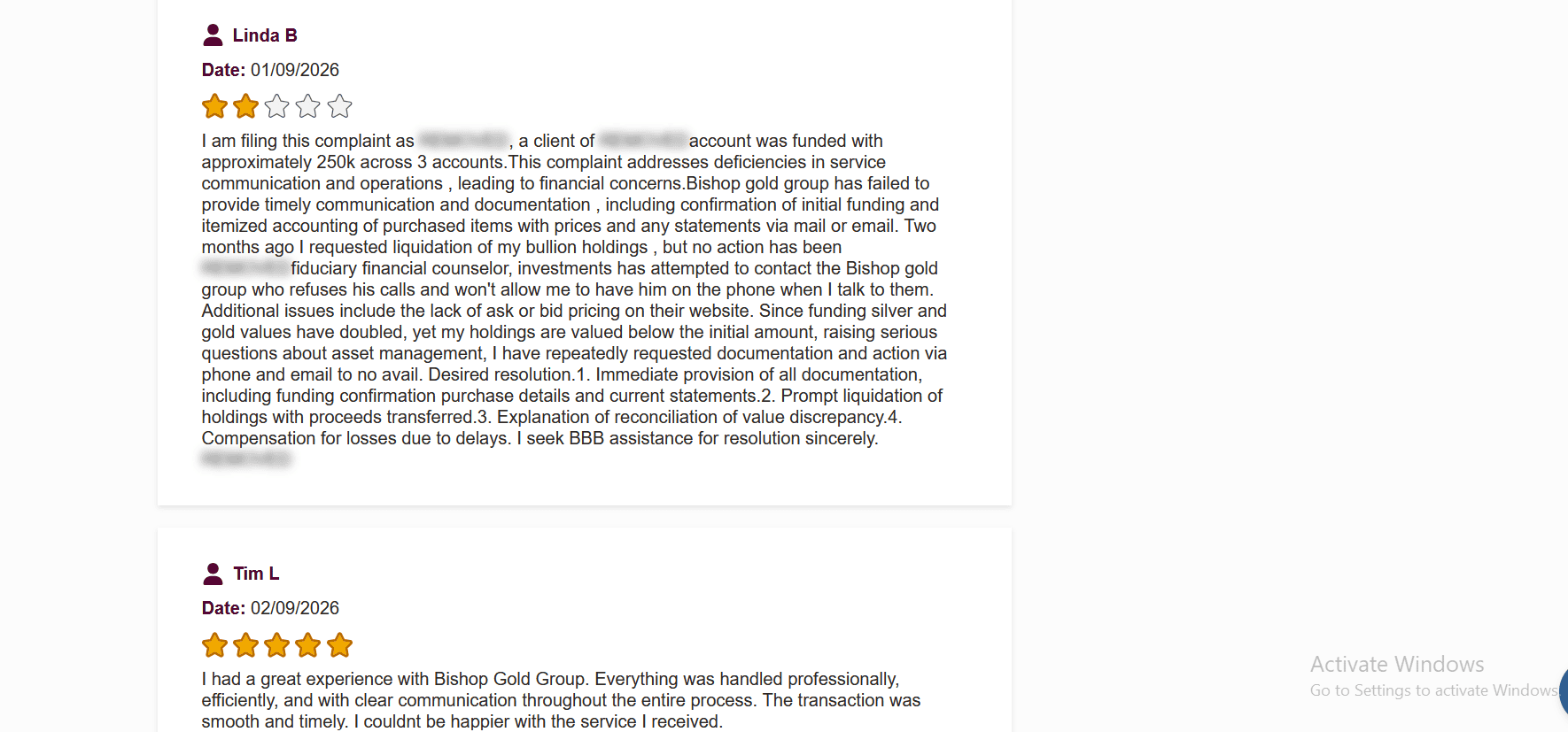 Bishop Gold Group complaint and negative review about poor customer communication.