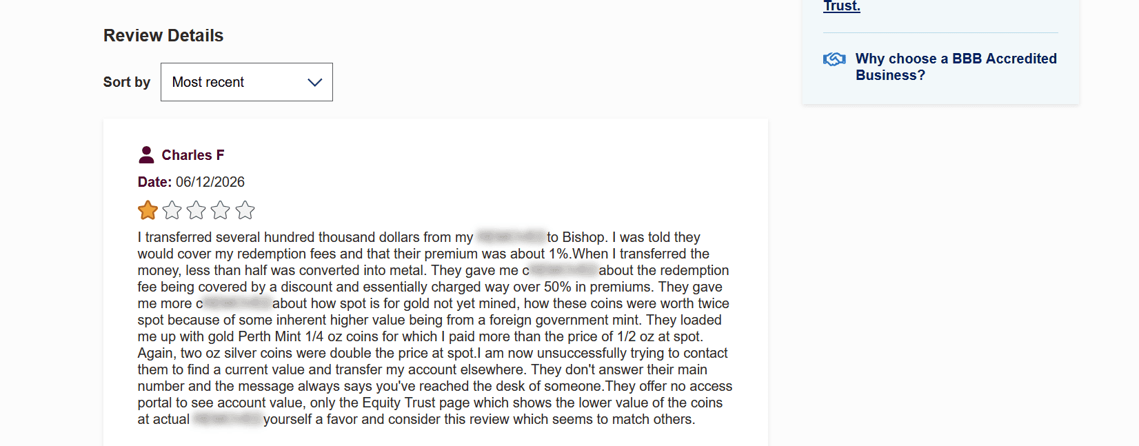 Bishop Gold Group customer complaint and negative review about high product premiums.