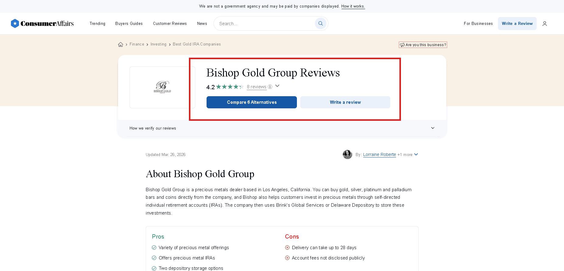 Bishop Gold Group ConsumerAffairs profile and customer reviews and ratings