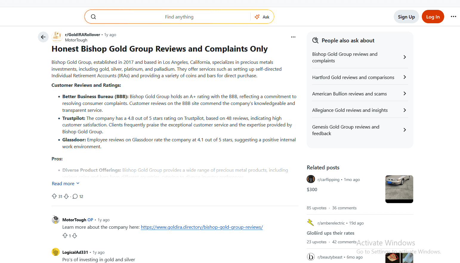 Example of a Bishop Gold Group fake Reddit review.