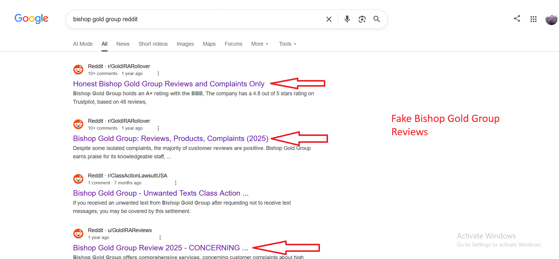 Bishop Gold Group fake Reddit reviews.