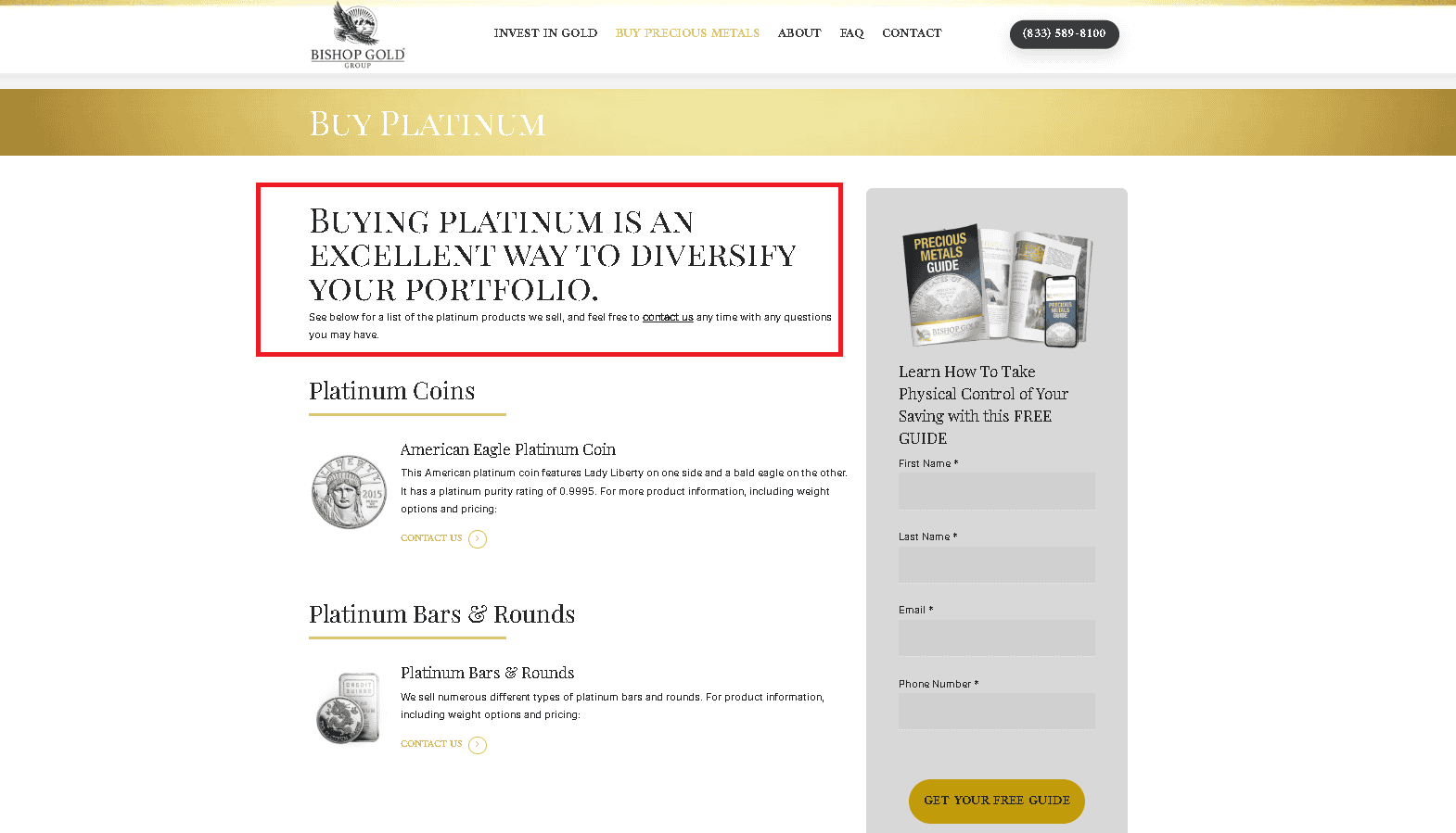 Bishop Gold Group sells platinum coins and bars