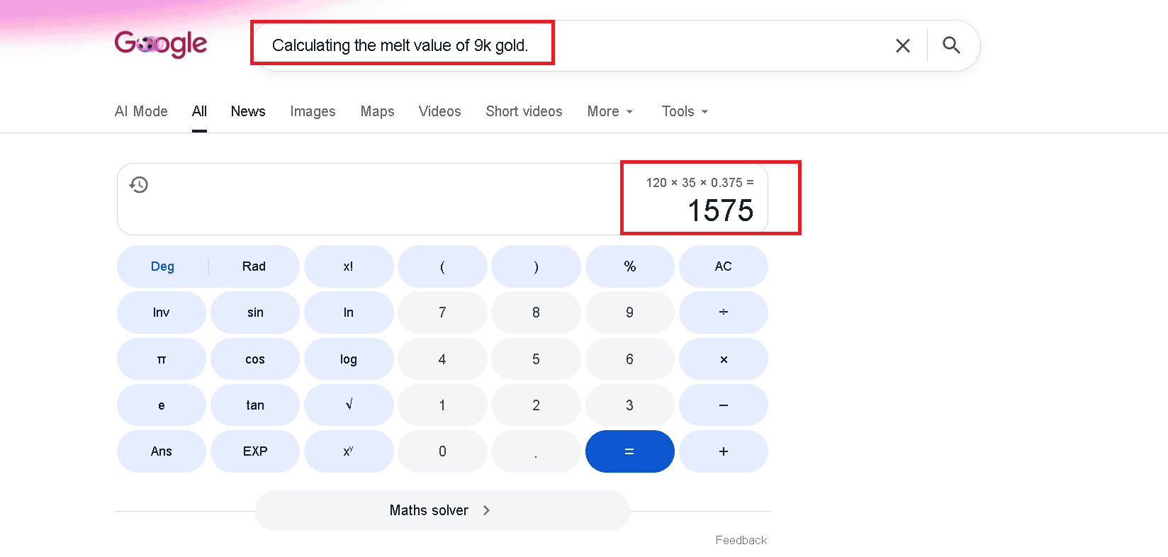 Calculating the melt value of 9k gold alloy.