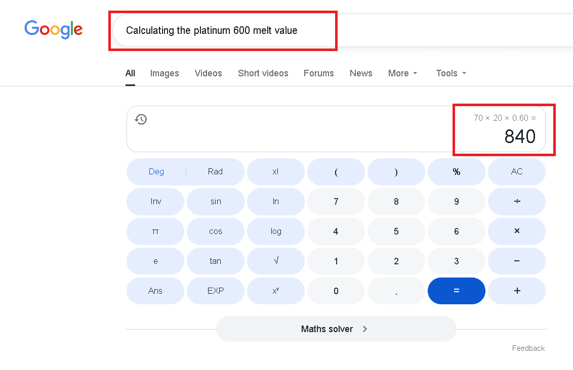 Calculating the melt value of platinum 600 Calculating the melt value of platinum 600