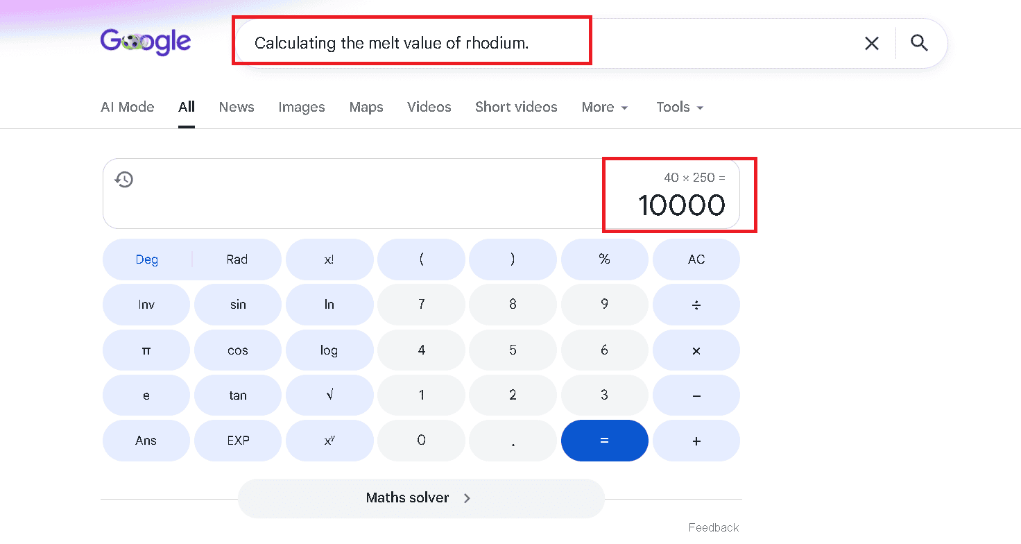 Calculating the melt value of rhodium.