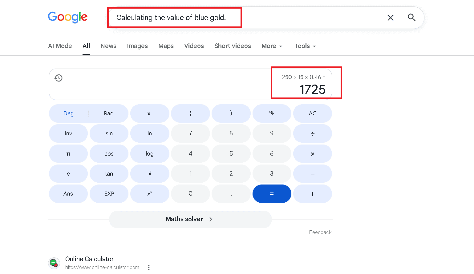 Calculating the value of blue gold made with indium.