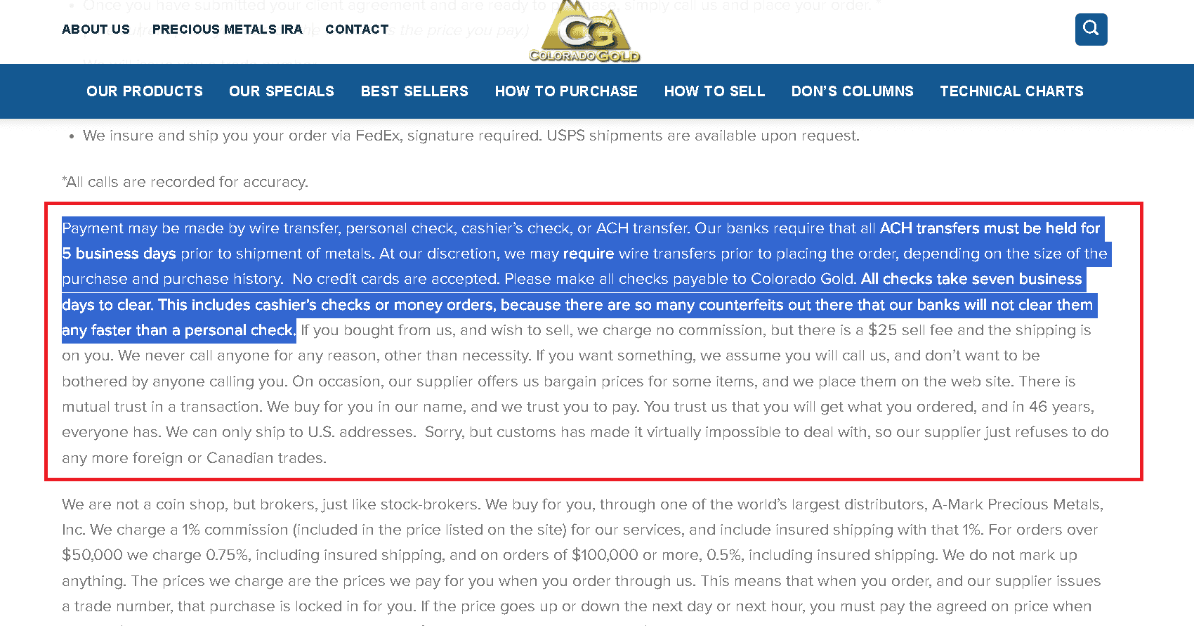 Colorado Gold accepted payment methods