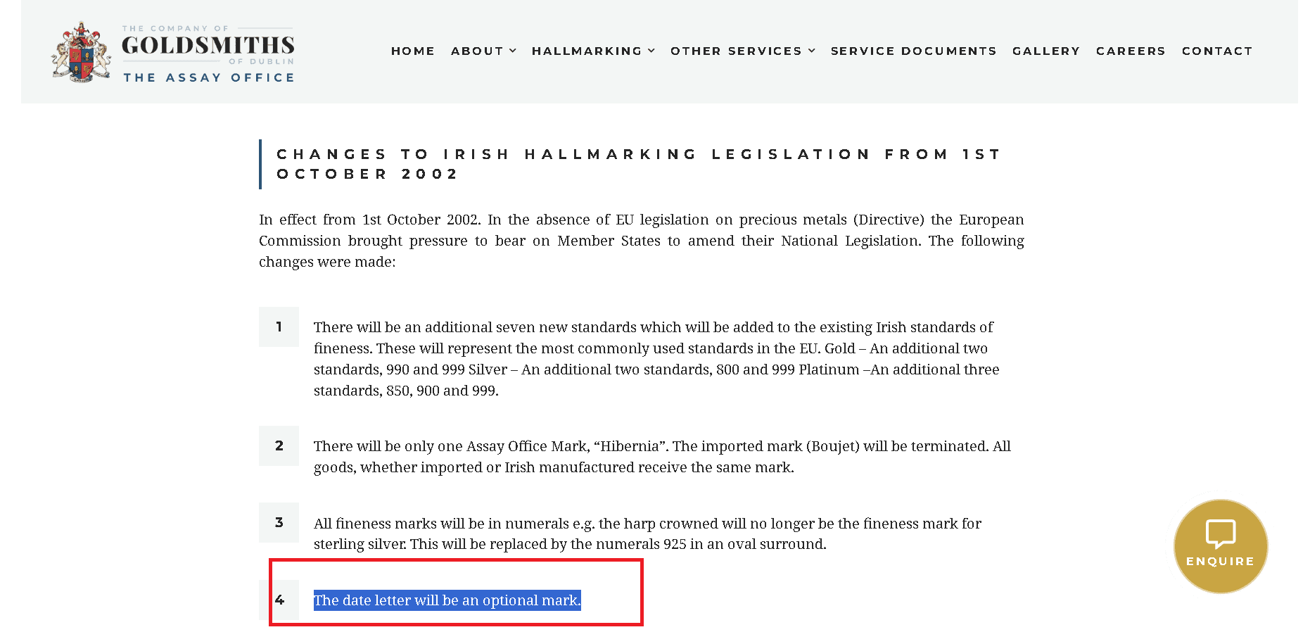 Document describing changes made to Irish hallmarking system