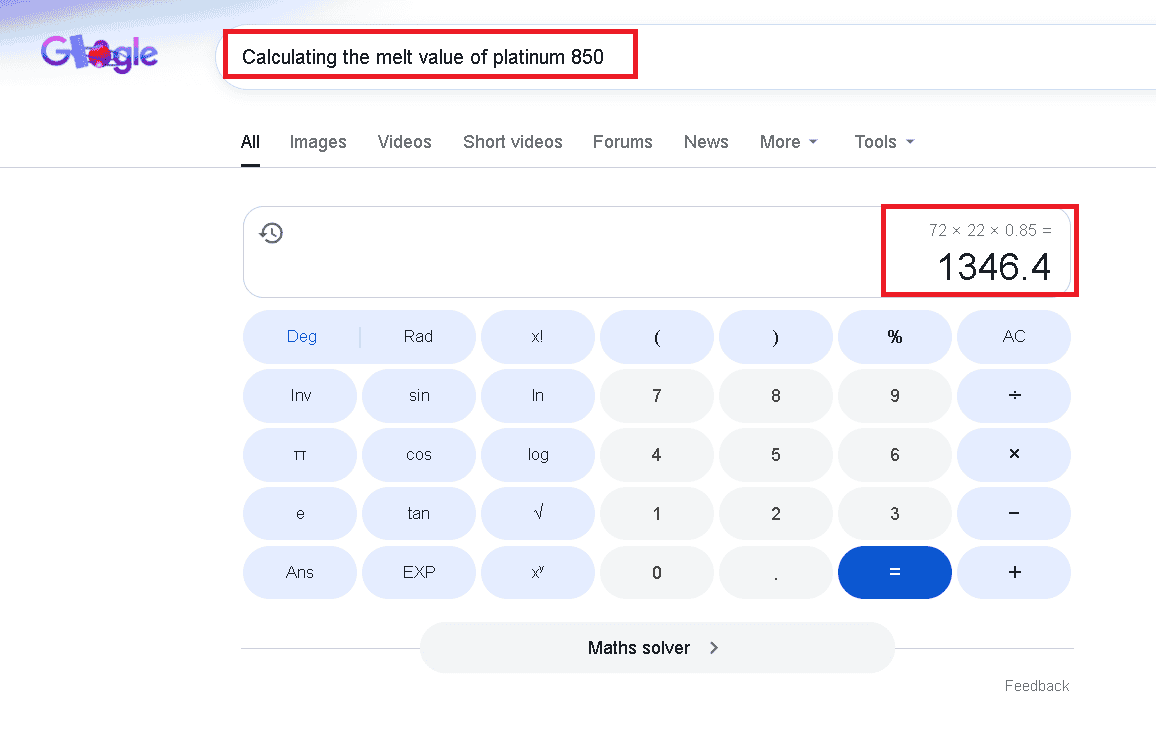 Calculating the value of platinum 850 based on platinum's spot price and the object's weight.