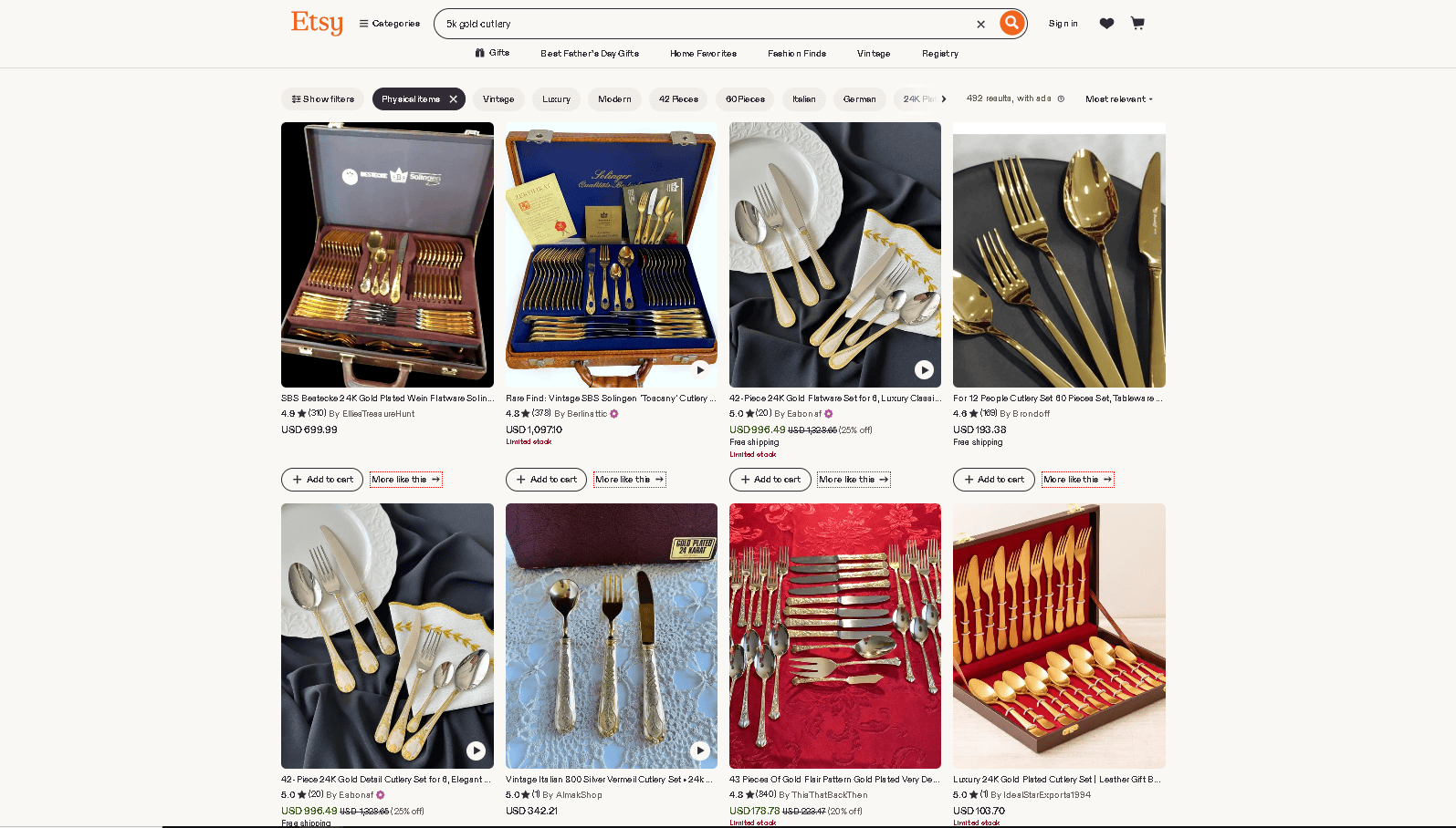 No 5k gold cutlery on Etsy.