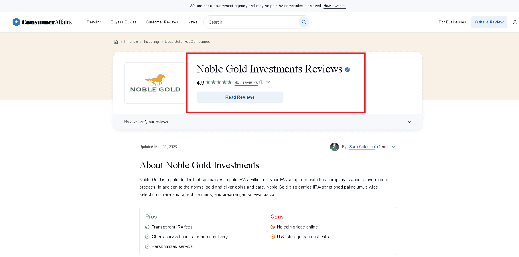 Noble Gold Investments Consumer Affairs reviews and ratings