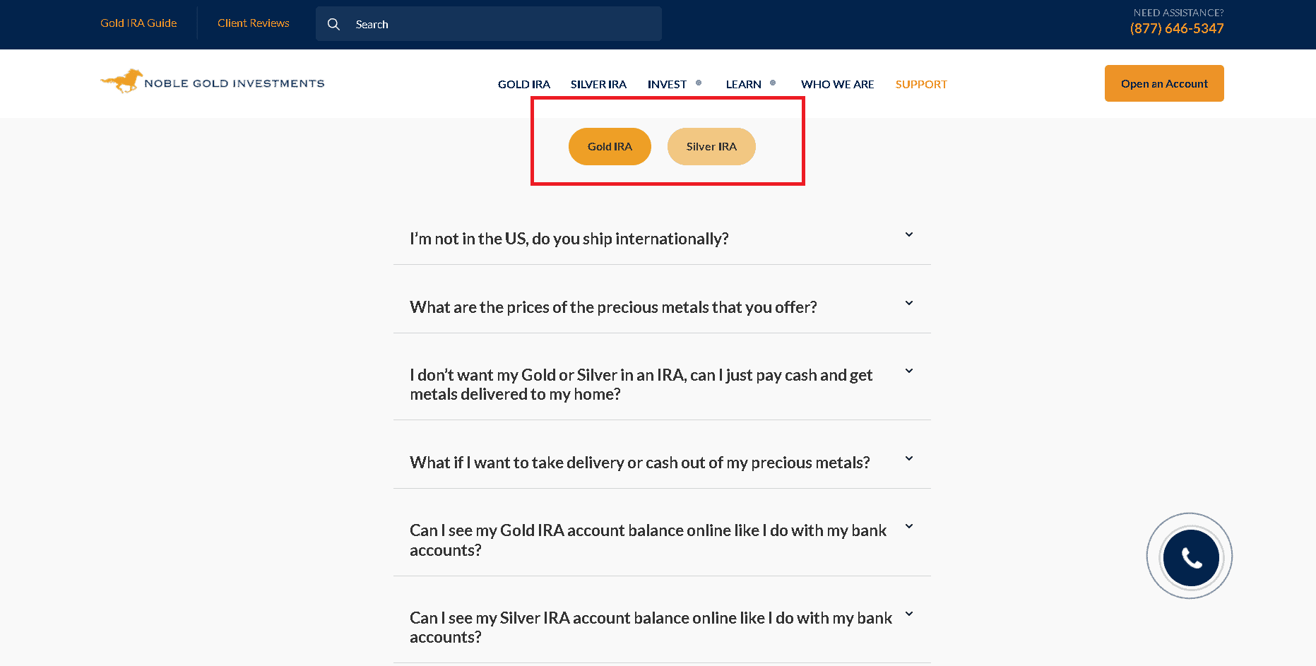 Noble Gold Investments' helpful FAQ page