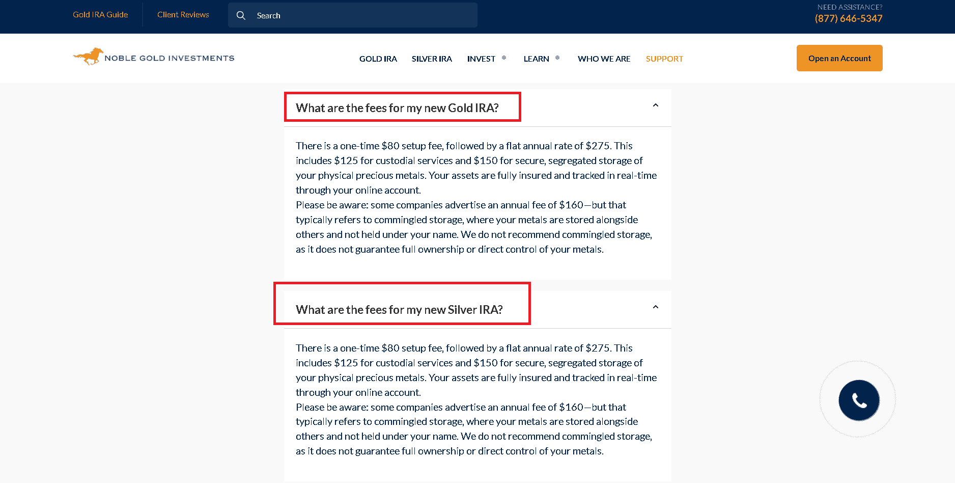 Noble Gold Investments fees and pricing structure for opening gold and silver IRAs.