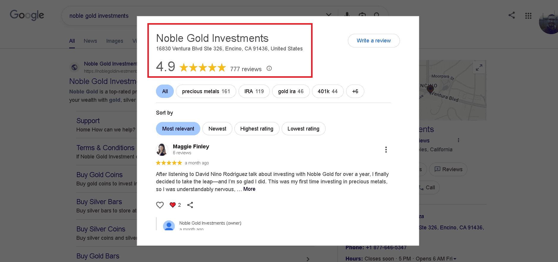 Noble Gold Investments Google profile reviews and ratings