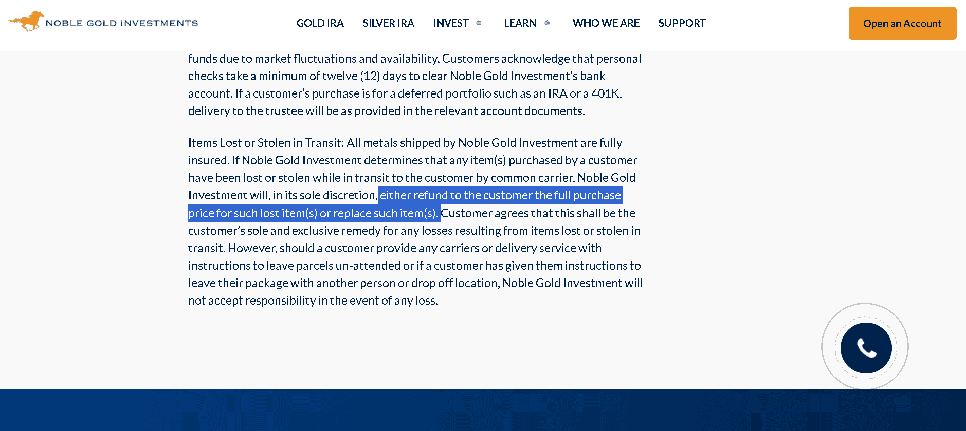 Noble Gold Investments refund policy