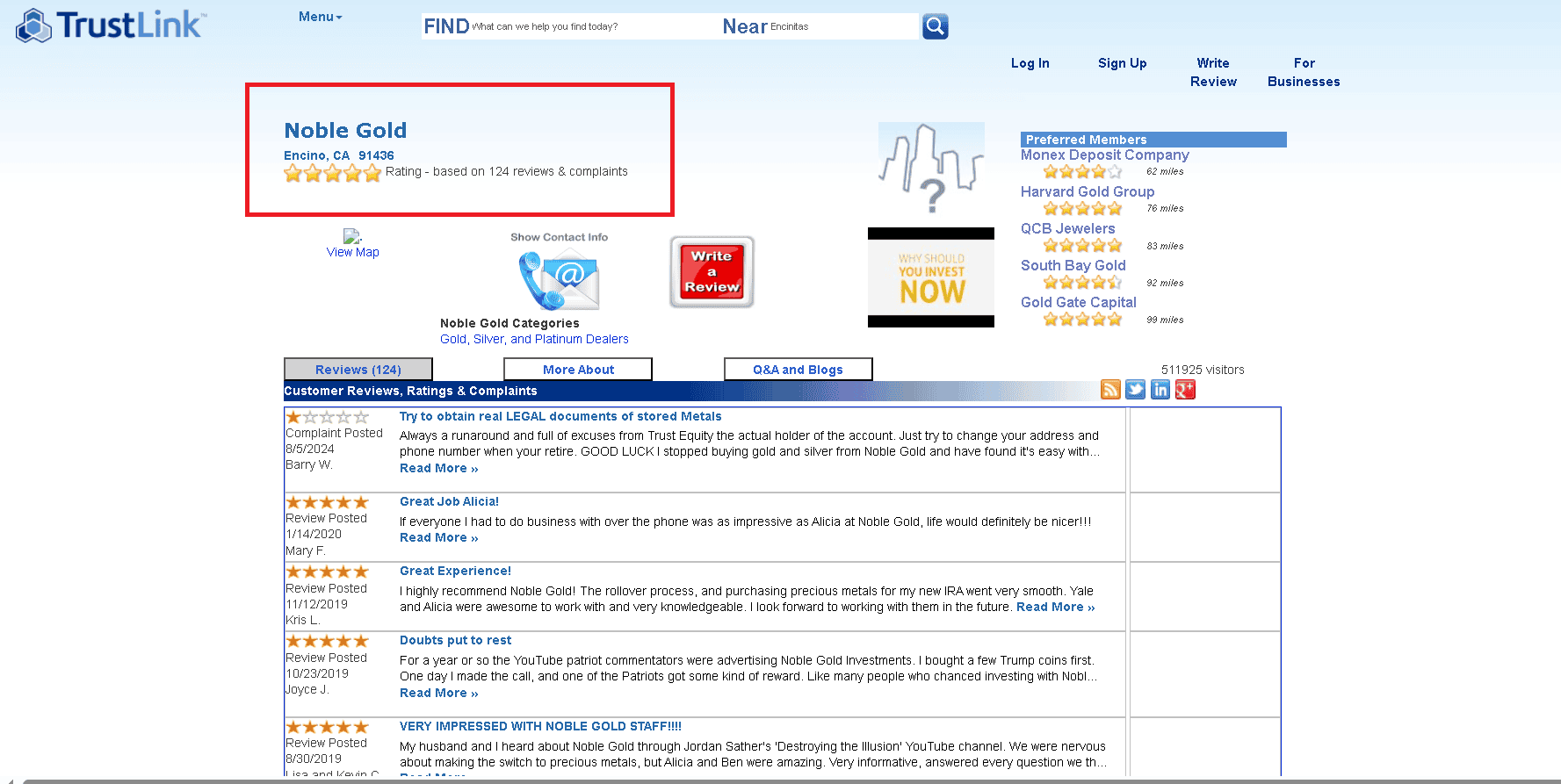 Noble Gold Investments Trustlink profile reviews and ratings