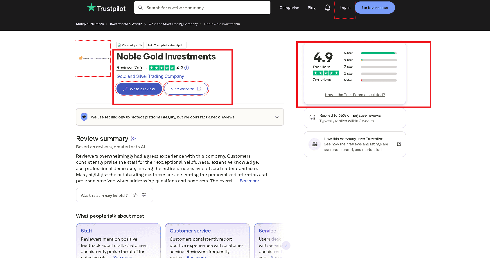 Noble Gold Investments customer reviews and rating on Trustpilot