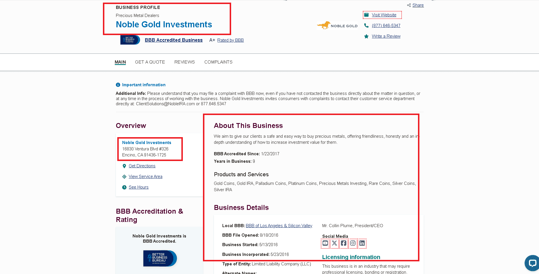 Noble Gold IRA BBB profile and ratings/score