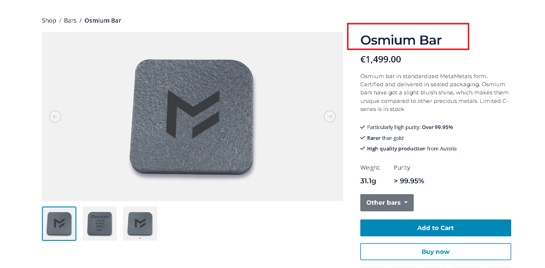 Osmium bars as sold by Meta Metals.