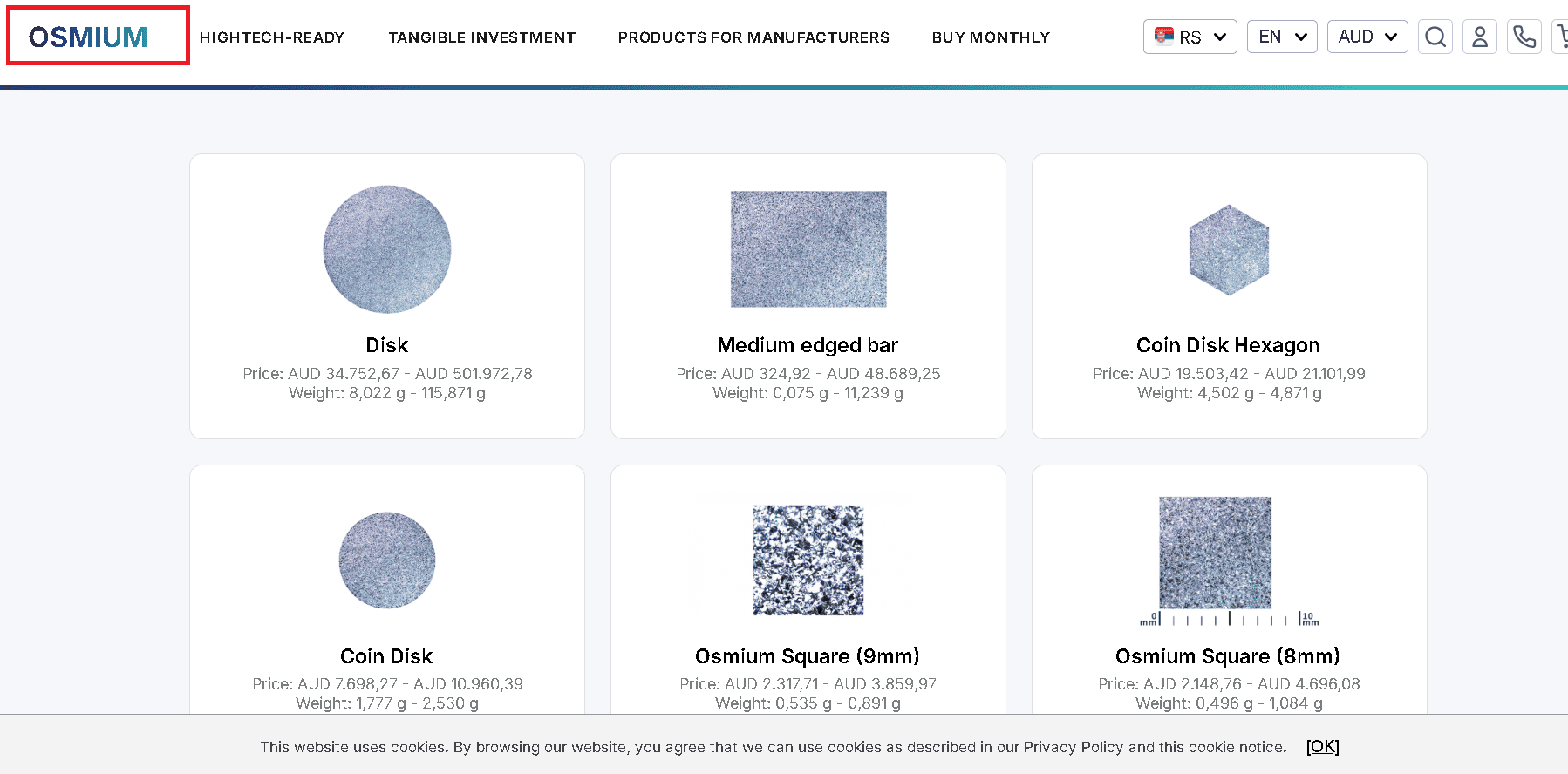 Osmium bars as sold by Buy Osmium.