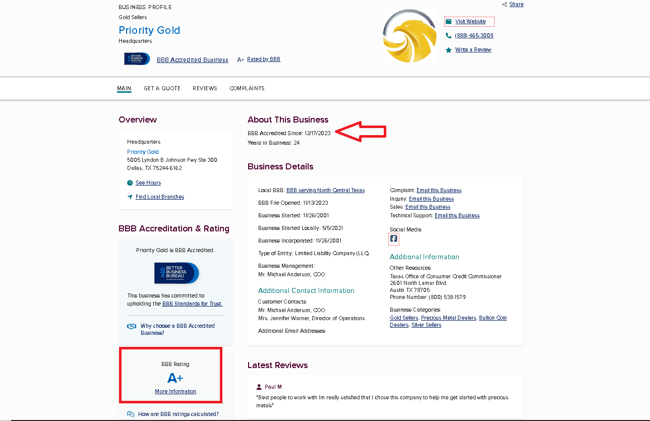 Priority Gold's BBB profile