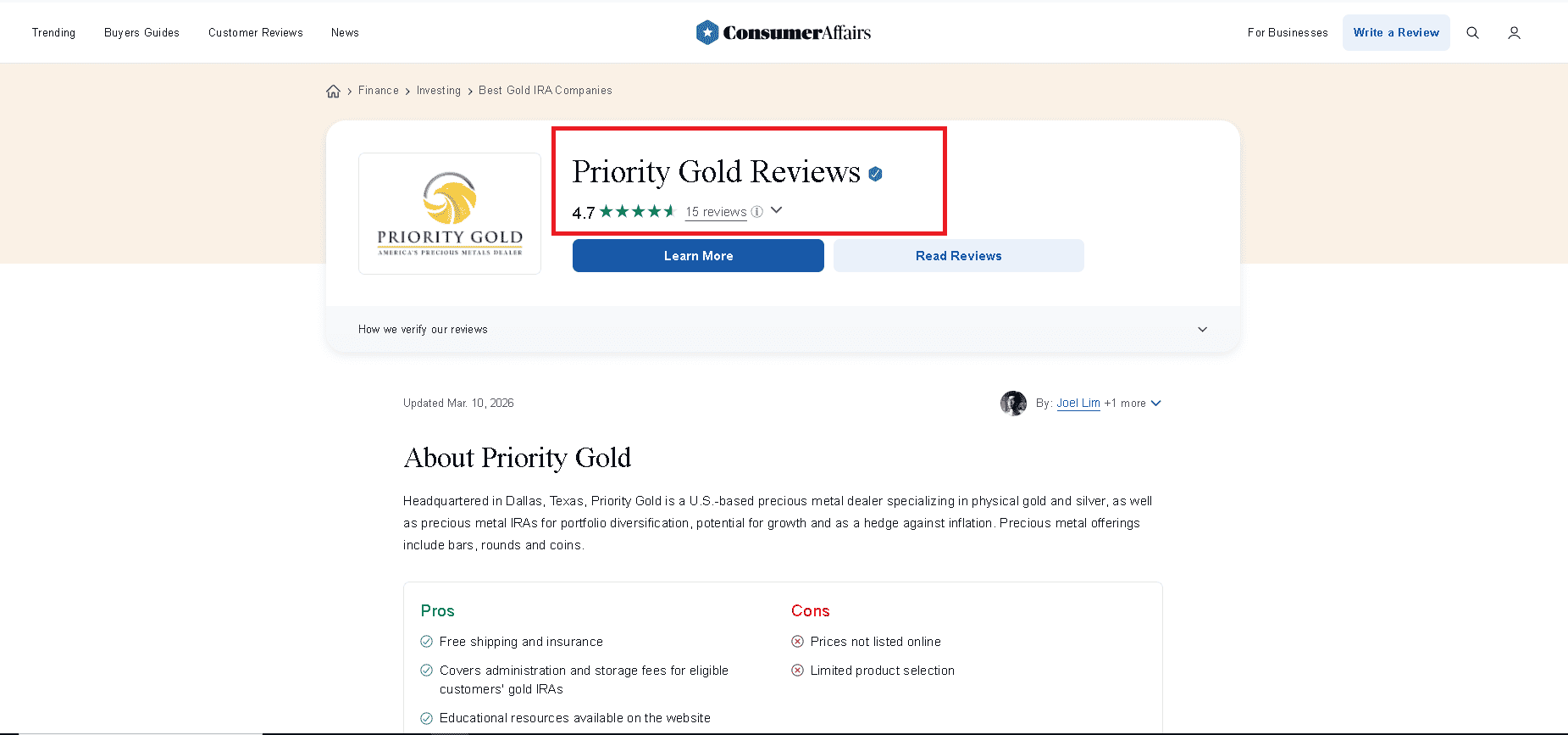 Priority Gold has an excellent score on its ConsumerAffairs profile