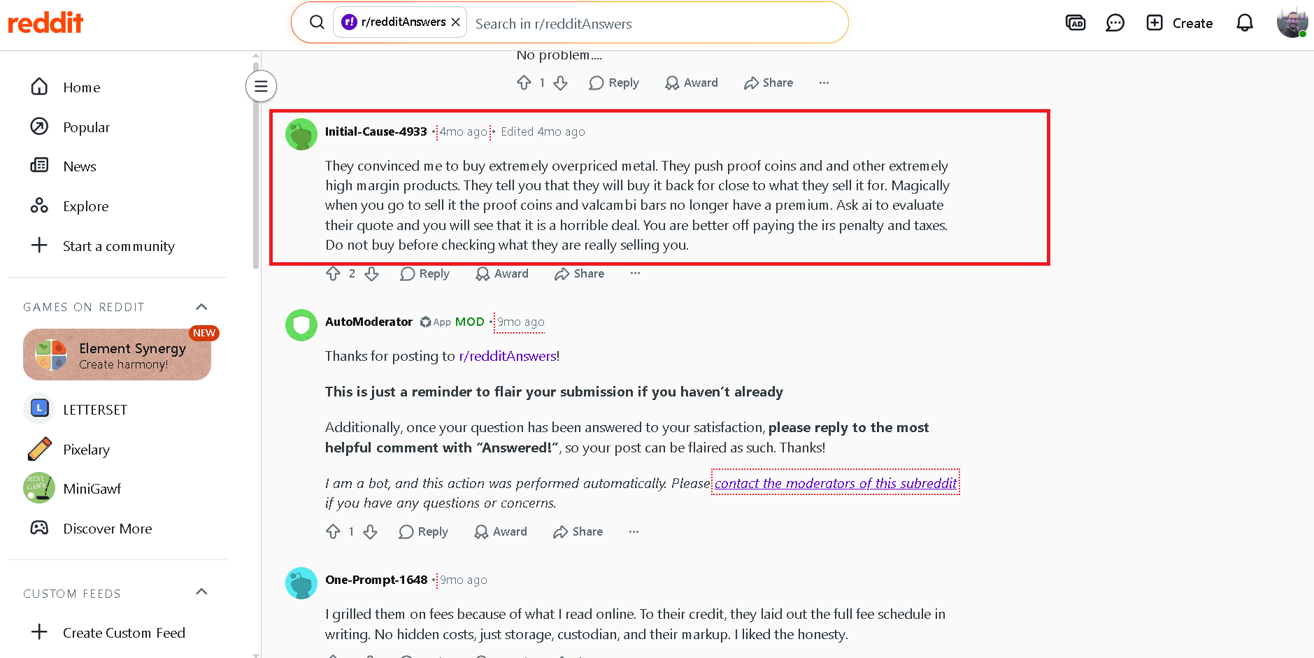 Priority Gold negative customer review on Reddit.