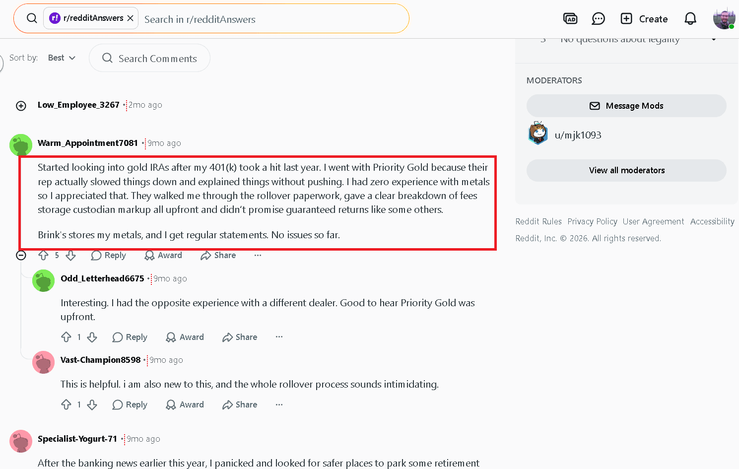 Priority Gold positive customer review on Reddit.