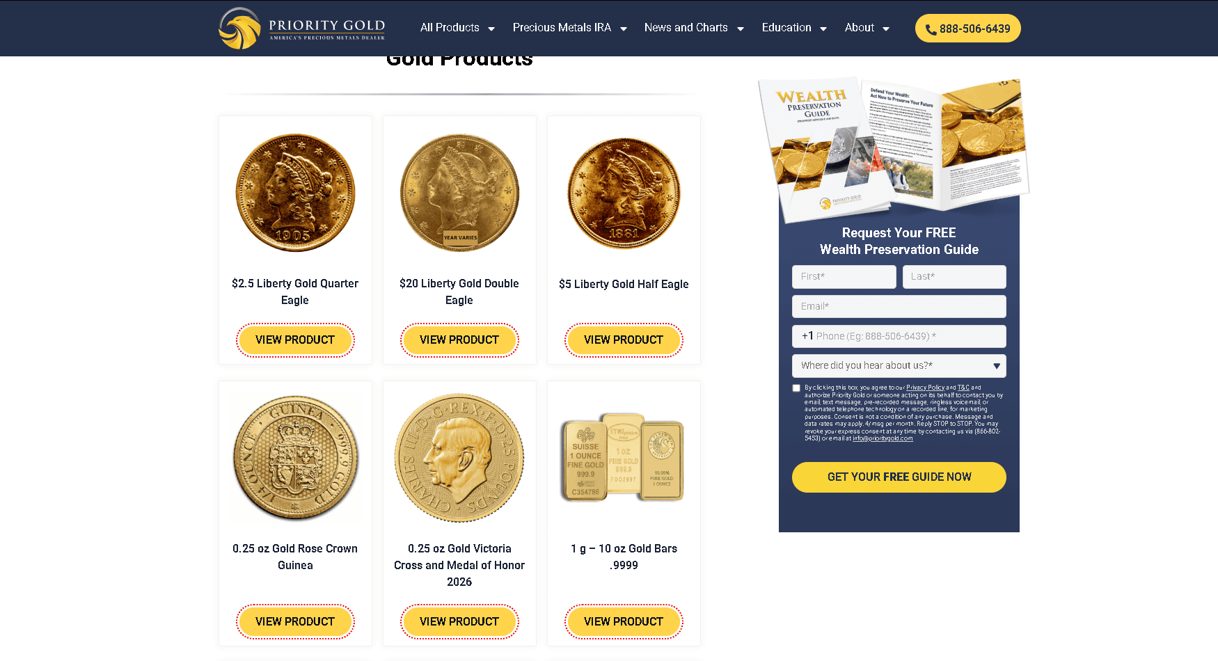 Priority Gold sells a wide selection of gold coins and bars (IRA-eligible and not).