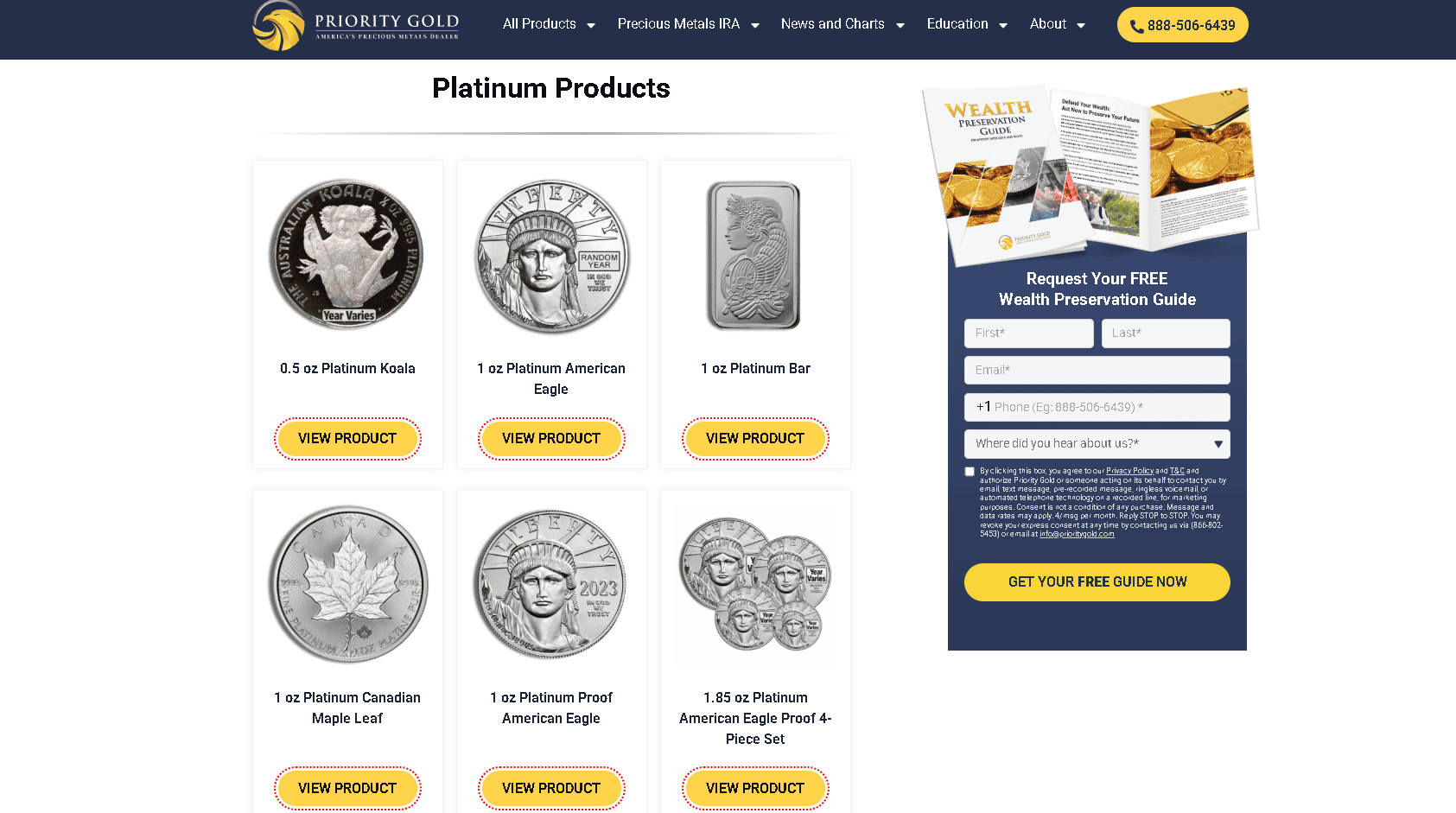 Priority Gold sells a wide selection of platinum coins and bars (IRA-eligible and not).