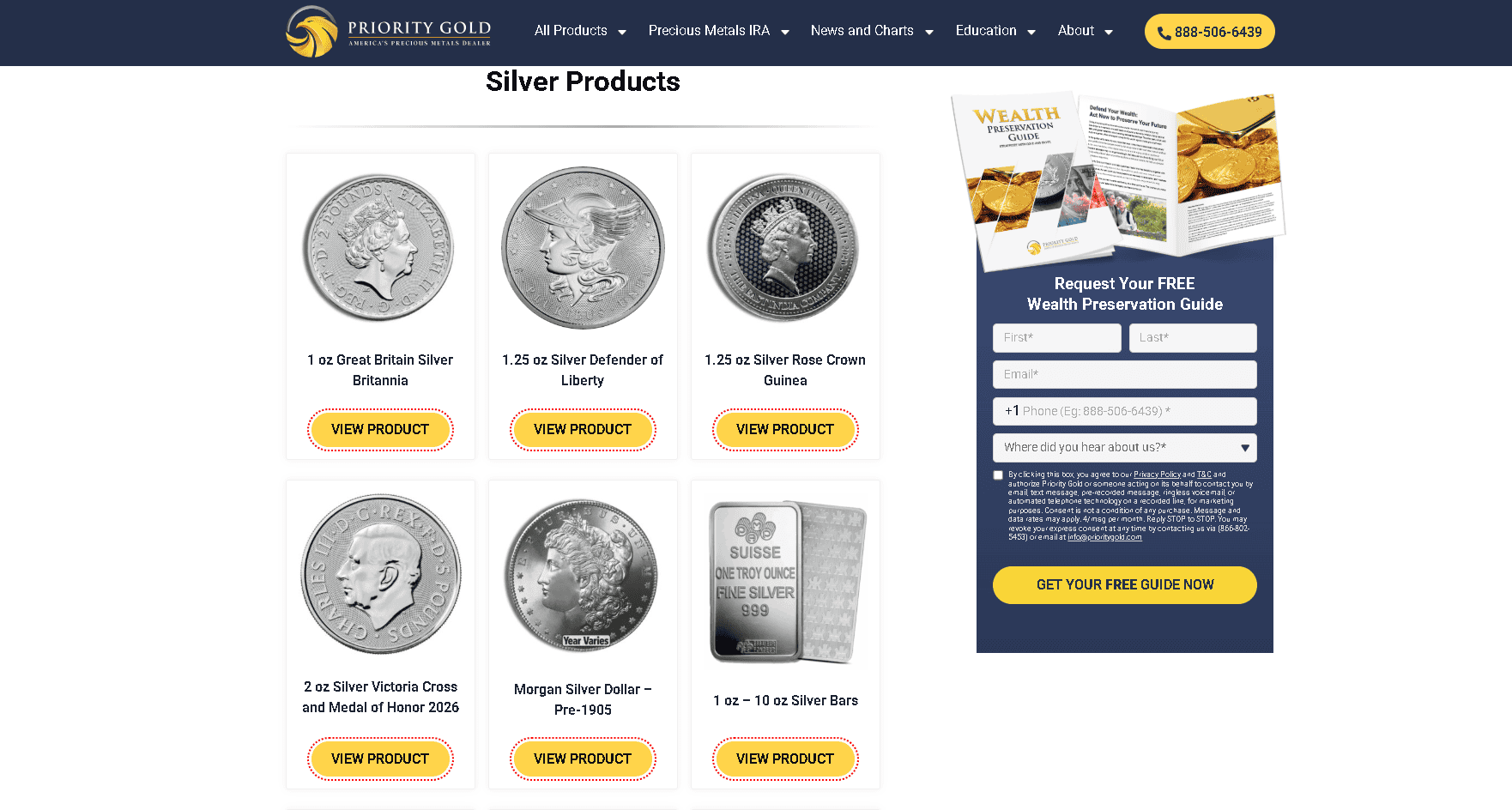 Priority Gold sells a wide selection of silver coins and bars (IRA-eligible and not).