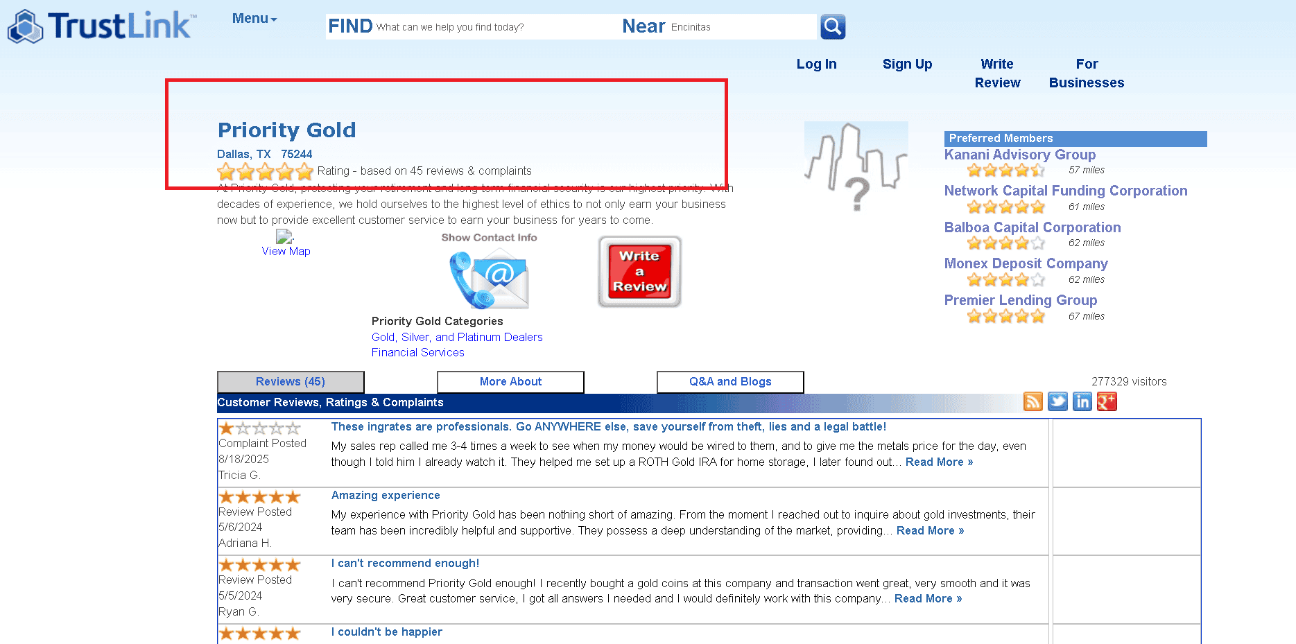 Priority Gold has an excellent score on its TrustLink profile.