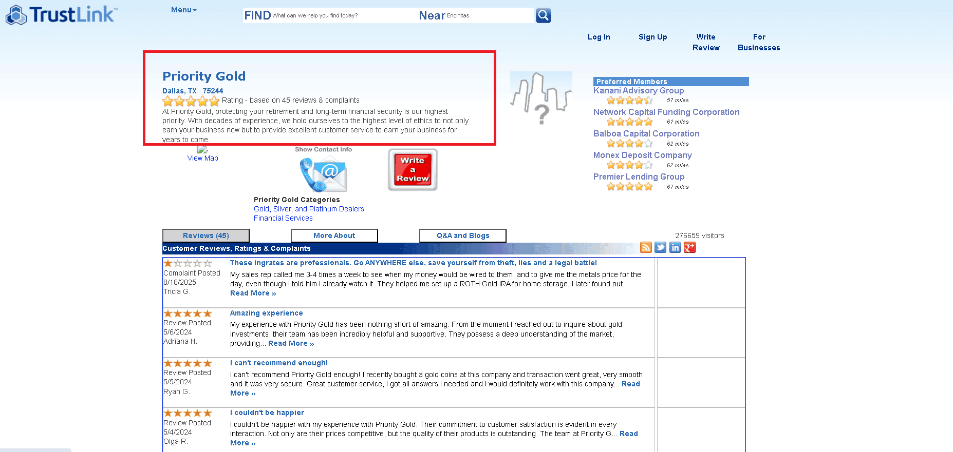 Priority Gold has an excellent score on its Trustlink profile