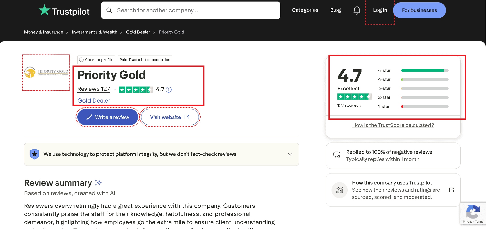 Priority Gold has an excellent score on their Trustpilot profile