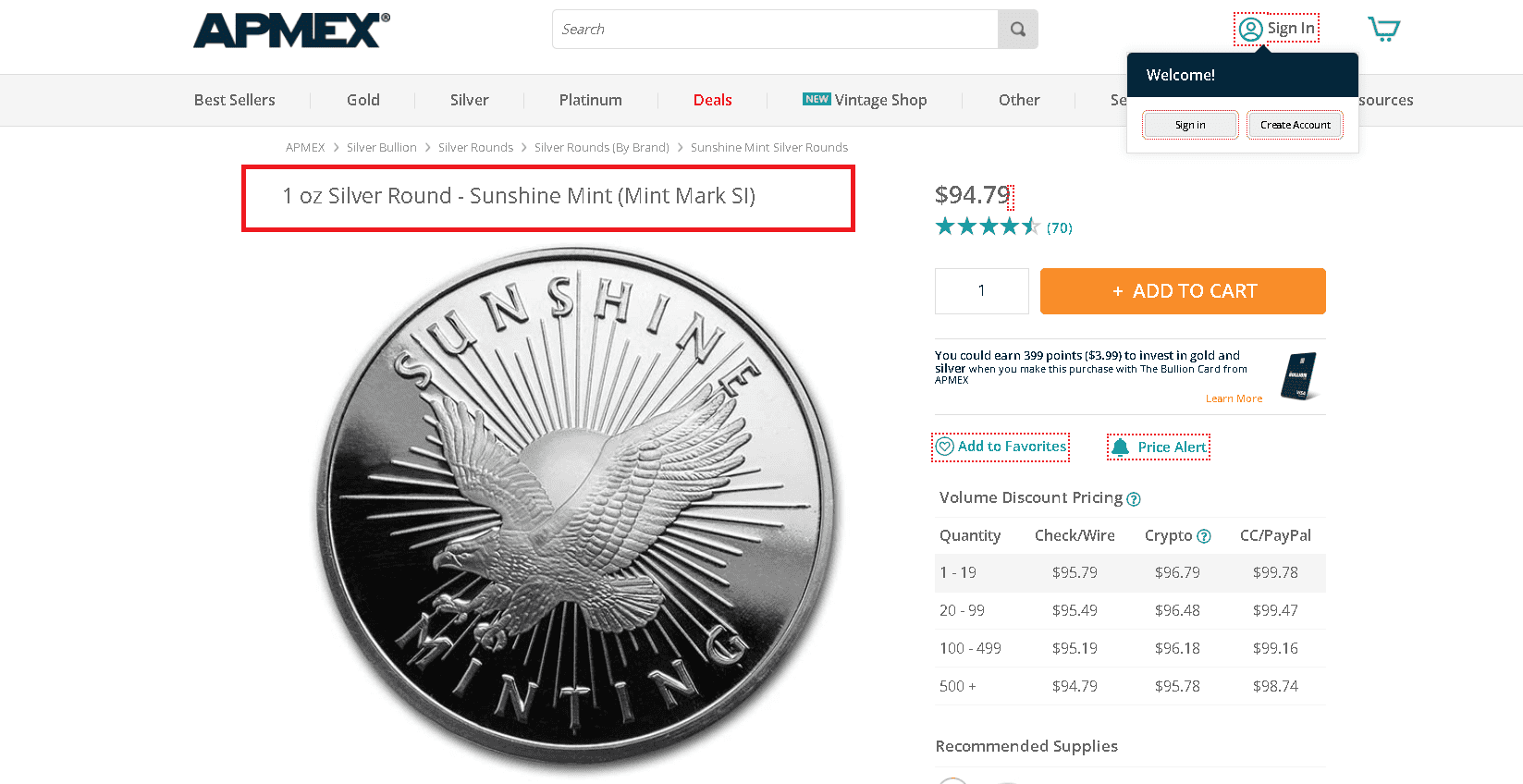 Sunshine Mint silver round example