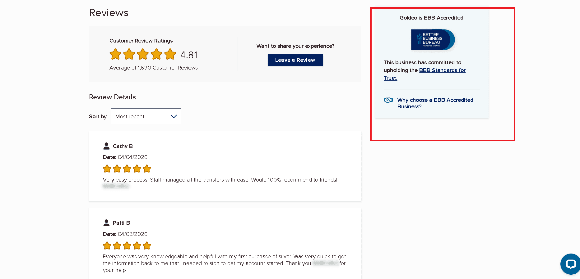 Goldco Precious Metals BBB profile positive customer reviews example 1