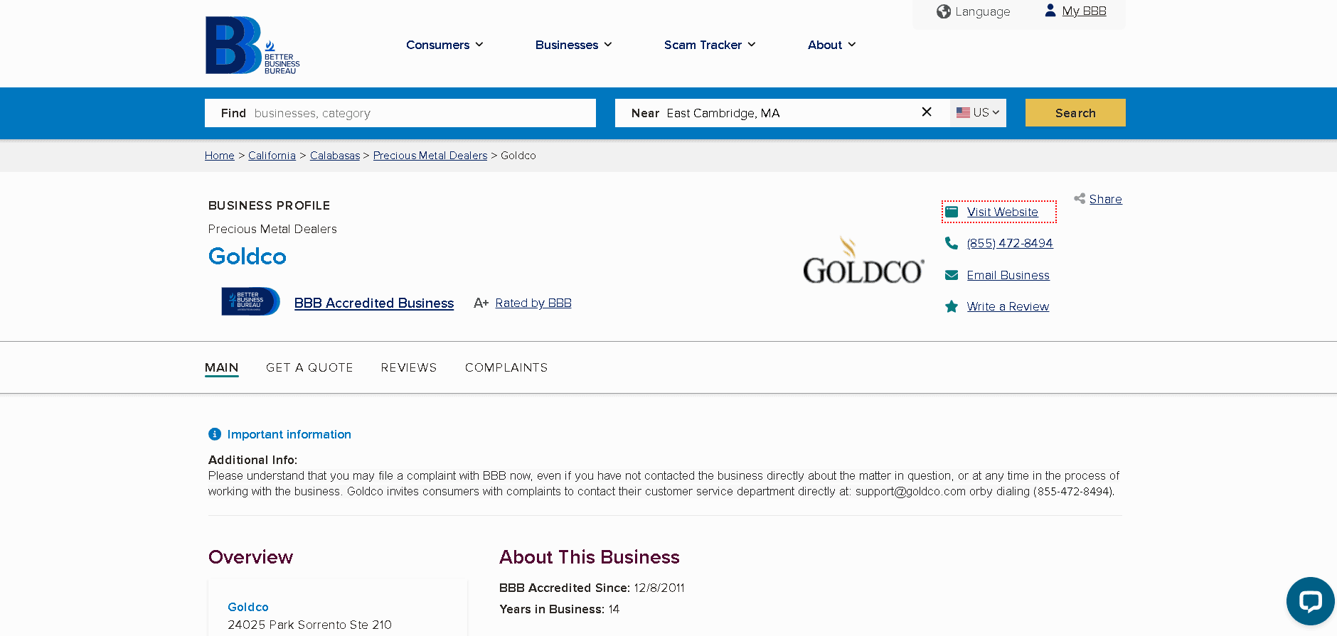 Goldco Precious Metals BBB profile