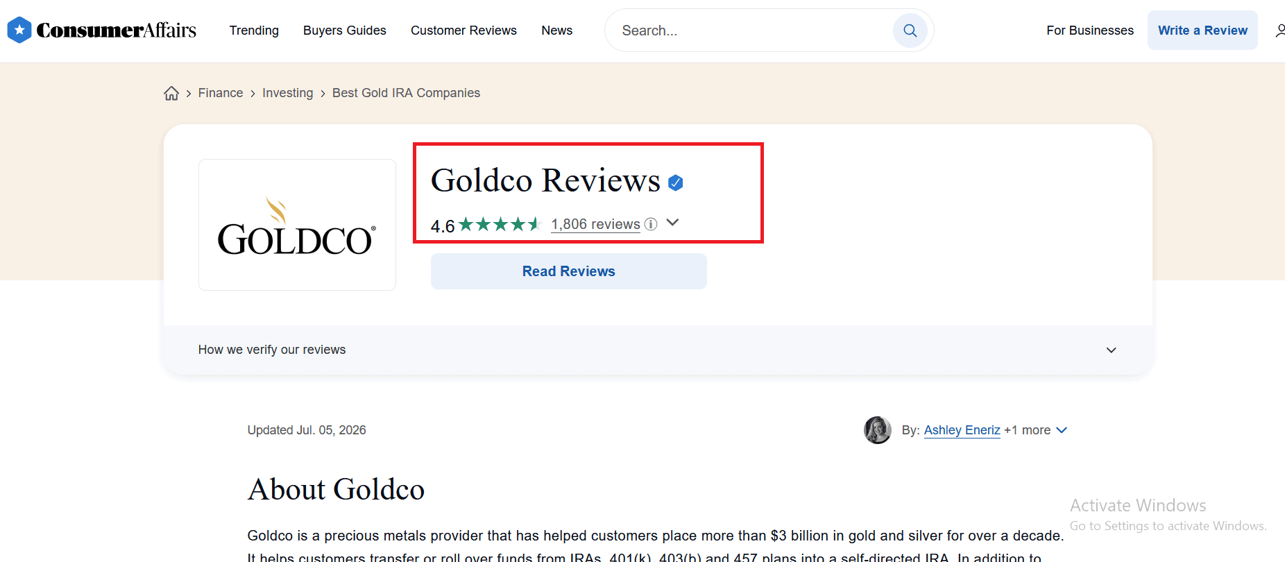 Goldco Precious Metals' ConsumerAffairs profile.