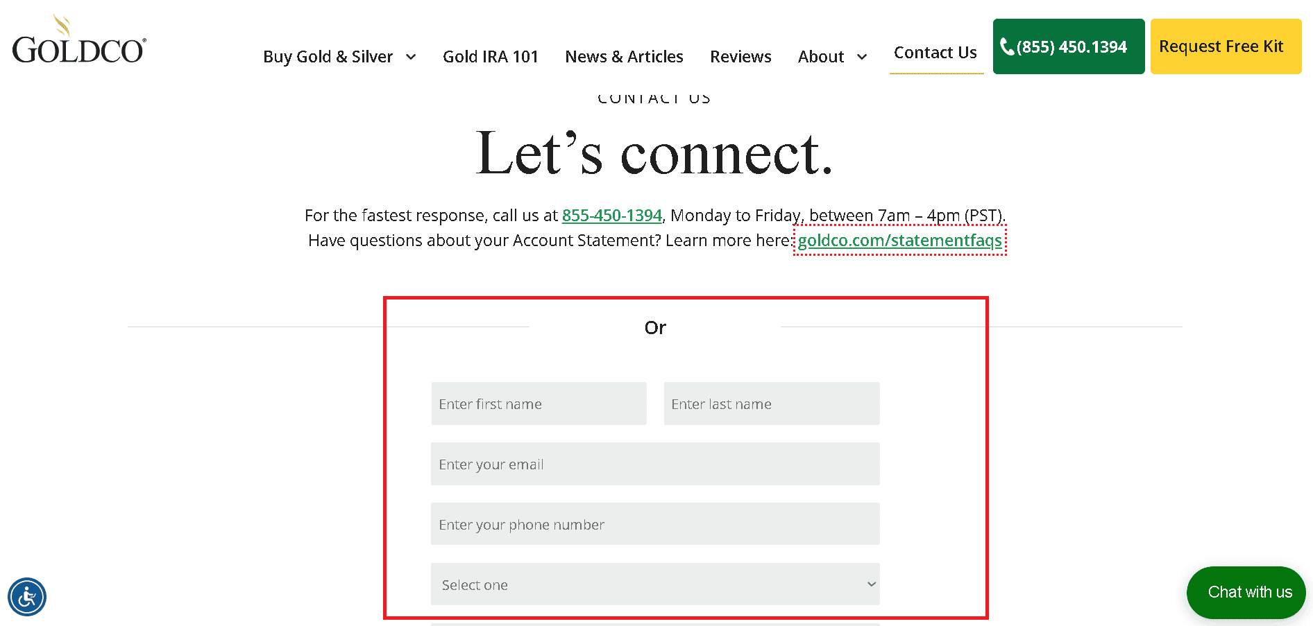 Goldco Precious Metals lets you contact them via their contact form